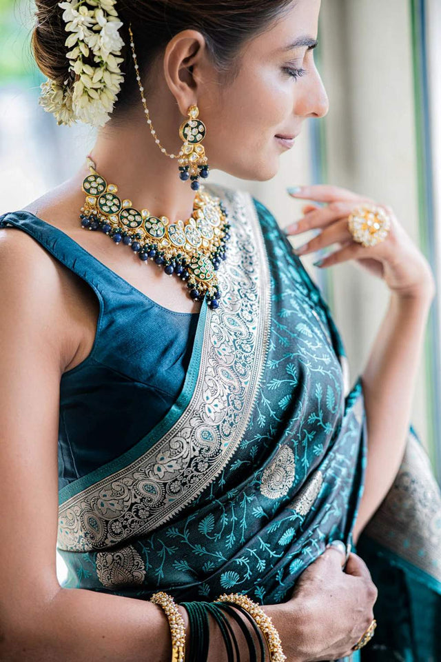 Turquoise Banarasi Woven Soft Silk Saree (50106_2)