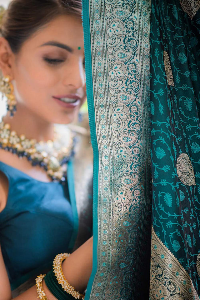Turquoise Banarasi Woven Soft Silk Saree (50106_2)