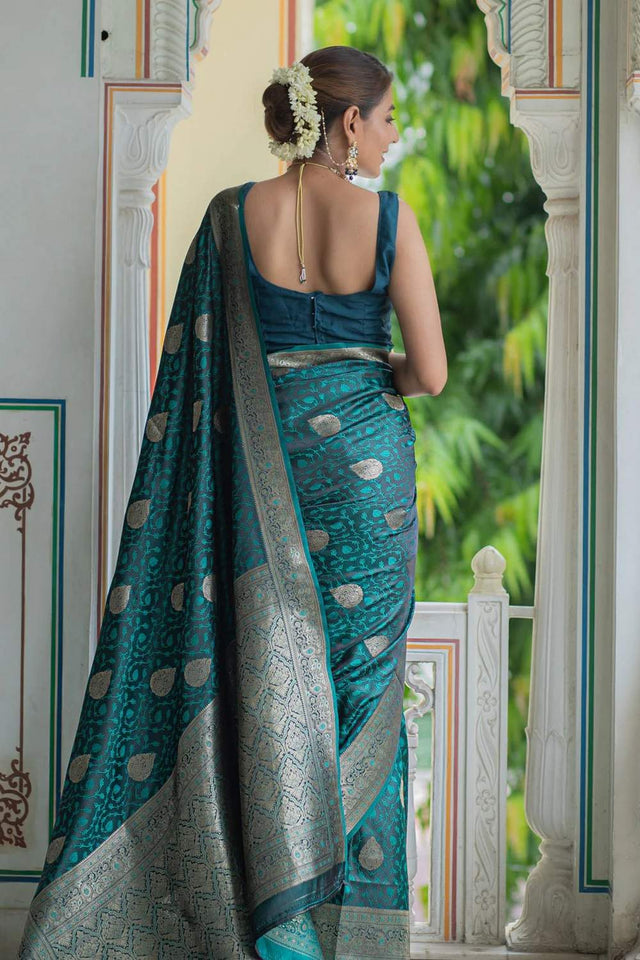 Turquoise Banarasi Woven Soft Silk Saree (50106_2)