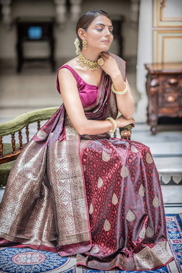Maroon Banarasi Woven Soft Silk Saree (50106_1)