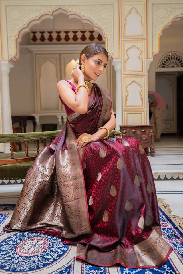 Maroon Banarasi Woven Soft Silk Saree (50106_1)