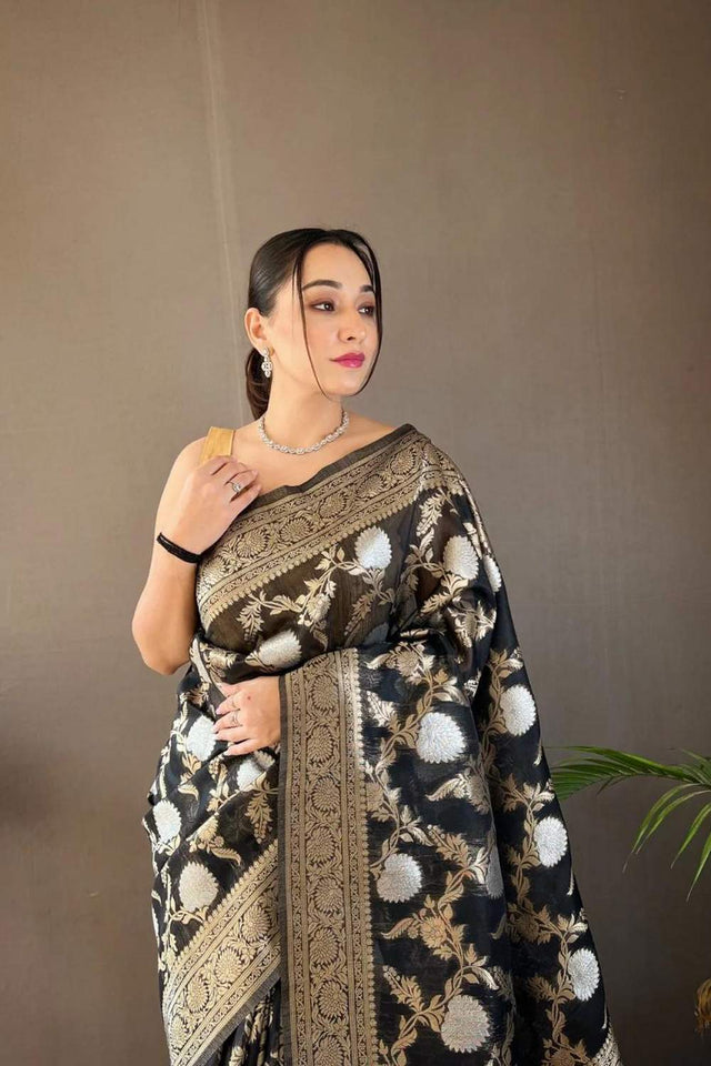 Black Banarasi Woven Soft Silk Saree (50107_1)