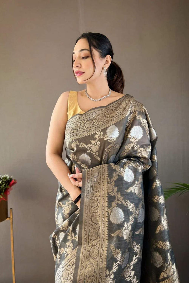 Grey Banarasi Woven Soft Silk Saree (50107_3)