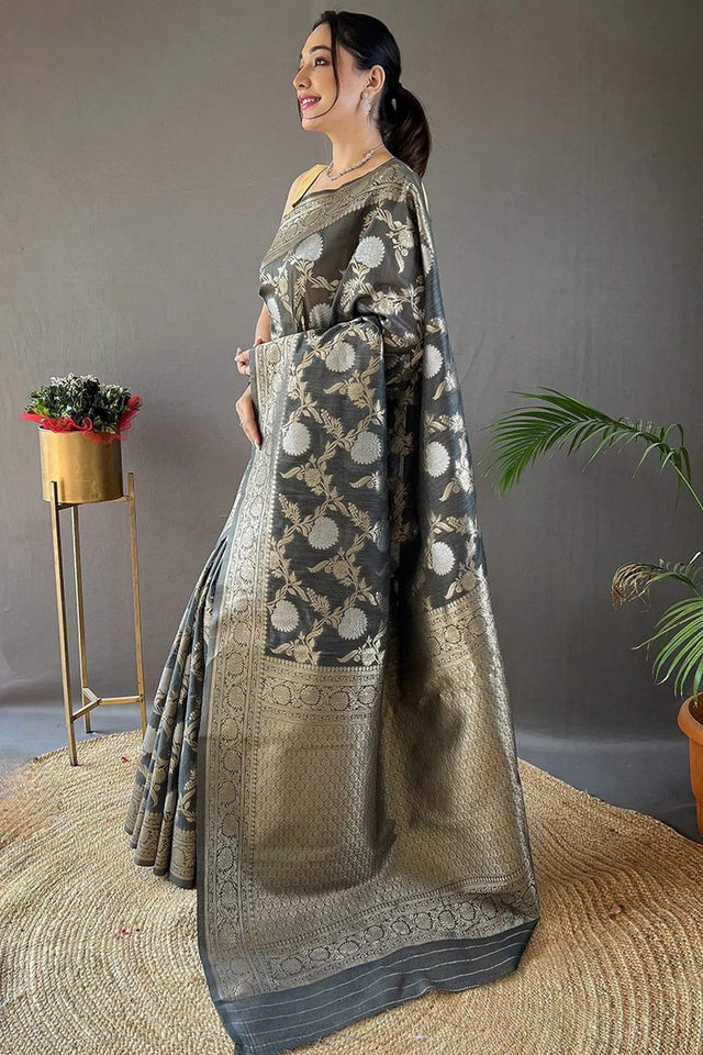 Grey Banarasi Woven Soft Silk Saree (50107_3)