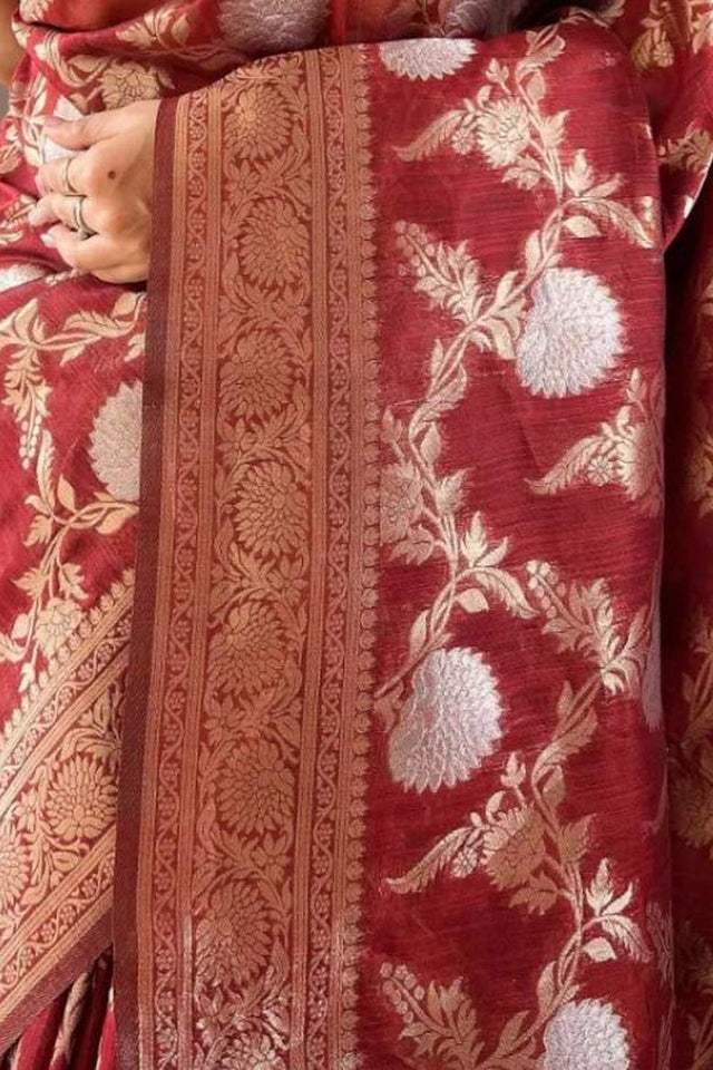 Red Banarasi Woven Soft Silk Saree (50107_4)