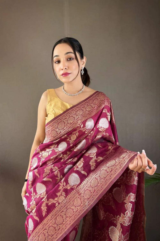 Wine Banarasi Woven Soft Silk Saree (50107_6)