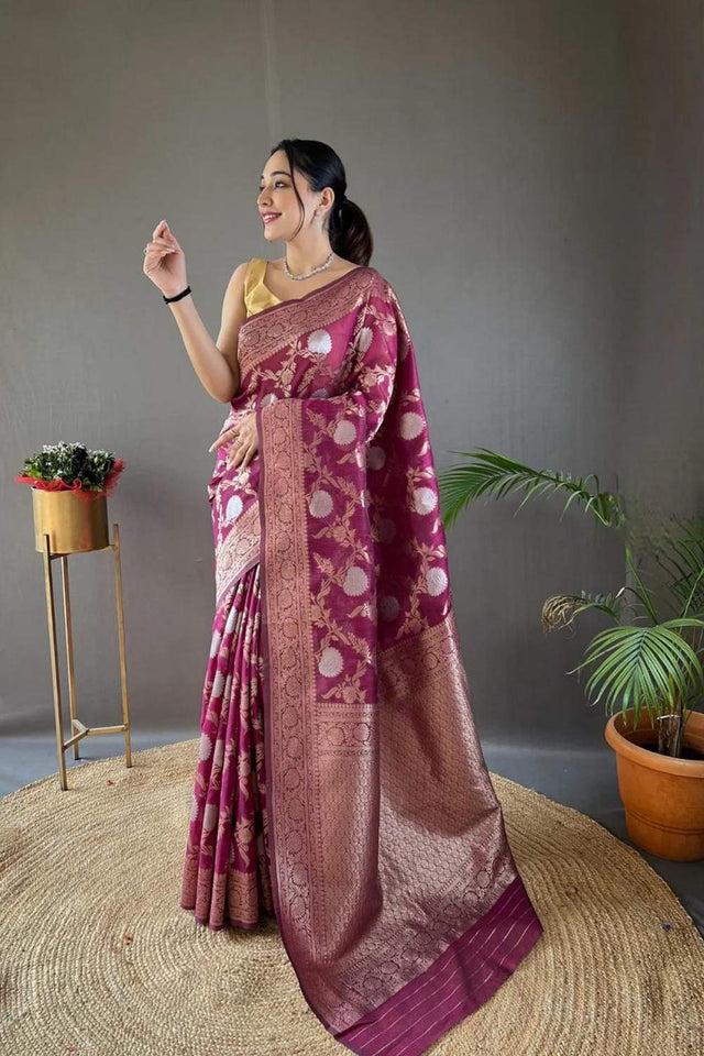 Wine Banarasi Woven Soft Silk Saree (50107_6)