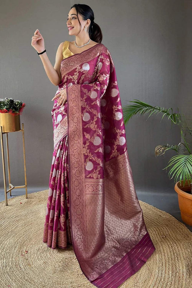 Wine Banarasi Woven Soft Silk Saree (50107_6)