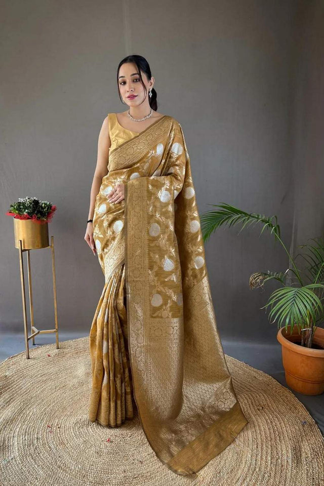Yellow Banarasi Woven Soft Silk Saree (50107_7)