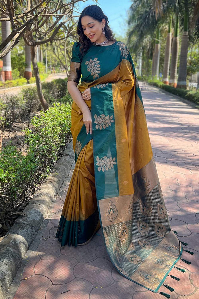 Mustard Banarasi Woven Soft Silk Saree (50130_3)