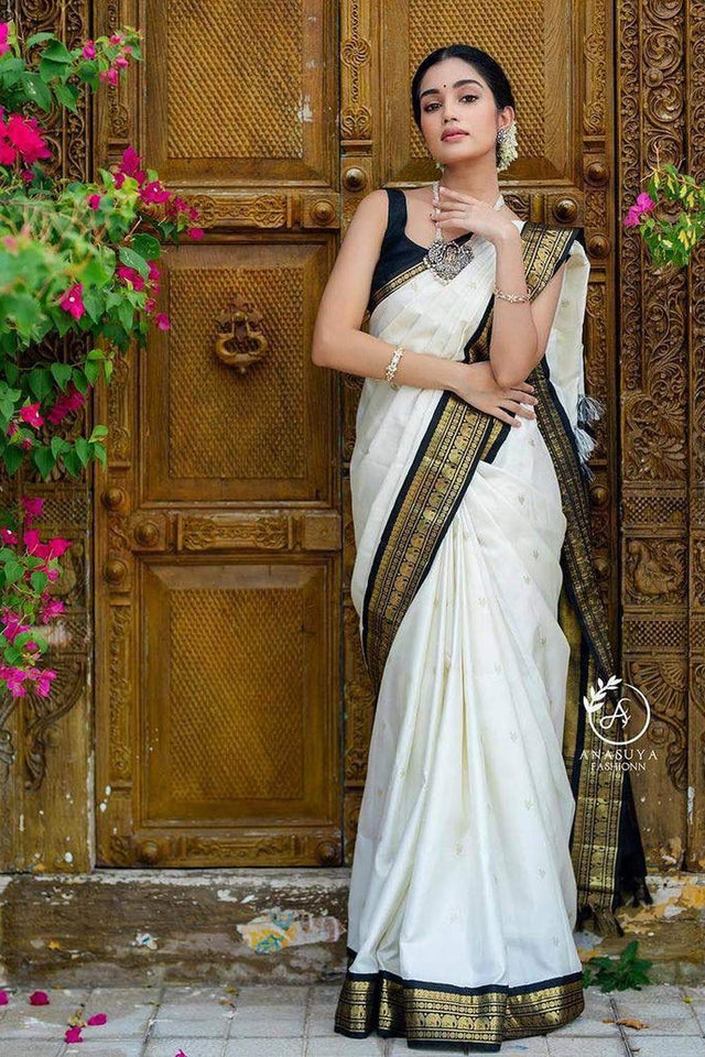 White Banarasi Woven Soft Silk Saree (50131)