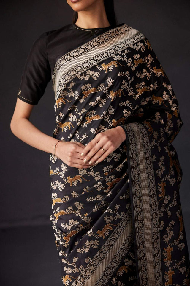 Black Banarasi Woven Soft Silk Saree (50133_Black)