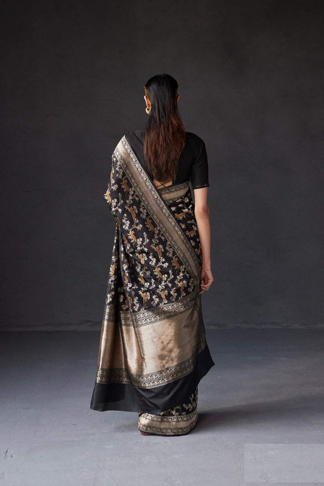 Black Banarasi Woven Soft Silk Saree (50133_Black)