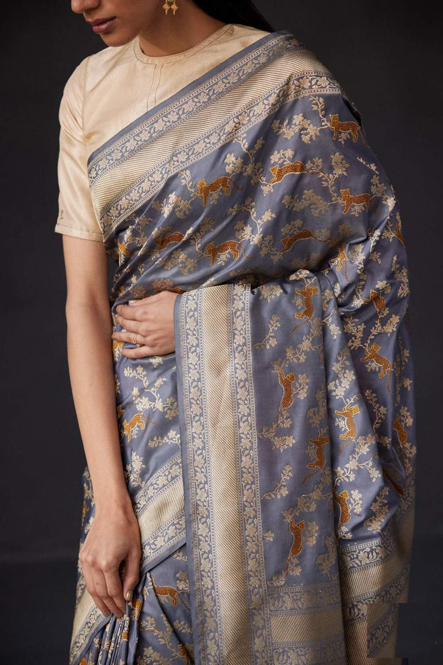 Grey Banarasi Woven Soft Silk Saree (50133_Grey)