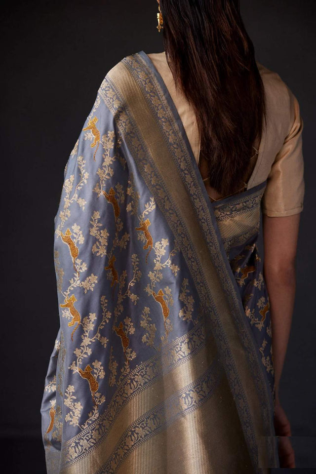 Grey Banarasi Woven Soft Silk Saree (50133_Grey)