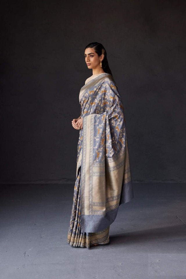 Grey Banarasi Woven Soft Silk Saree (50133_Grey)