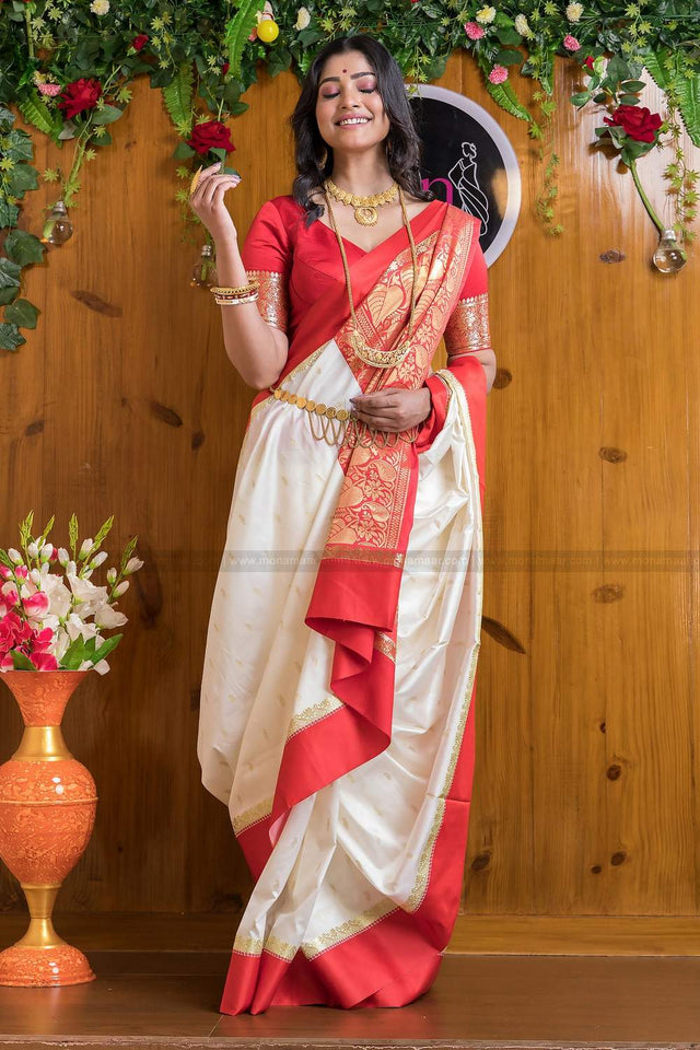 White Banarasi Woven Soft Silk Saree (50139)