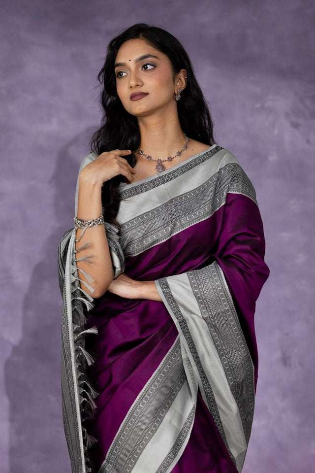 Purple Banarasi Woven Soft Silk Saree (50140)