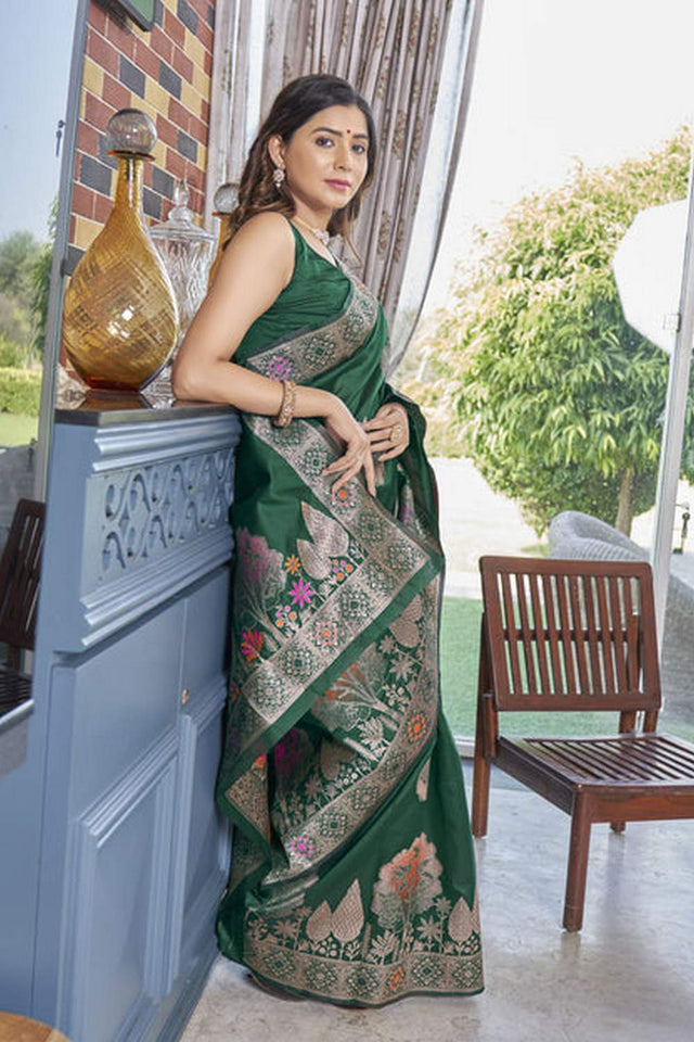 Green Banarasi Woven Soft Silk Saree (50144)