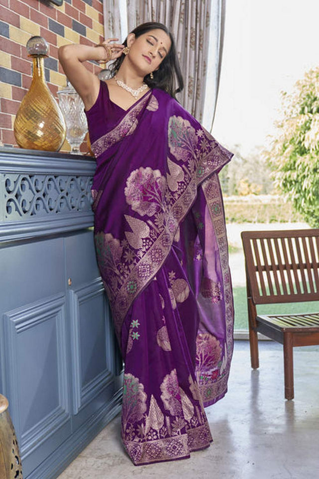 Wine Banarasi Woven Soft Silk Saree (50143_3)