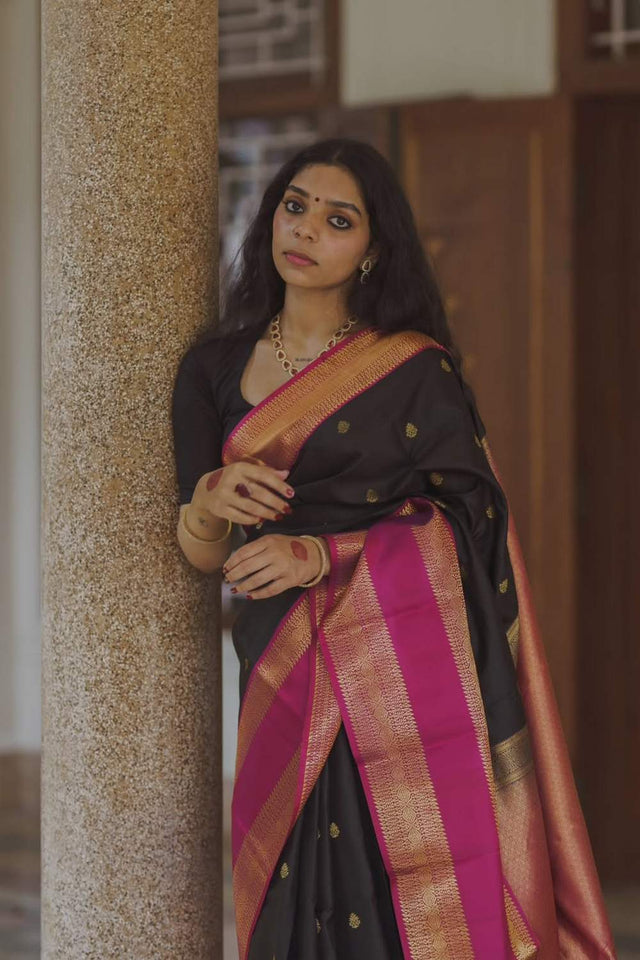 Black Banarasi Woven Soft Silk Saree (50152)