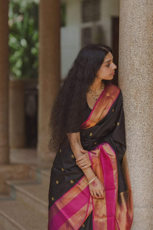 Black Banarasi Woven Soft Silk Saree (50152)