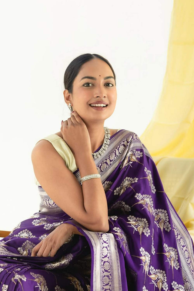 Purple Banarasi Woven Soft Silk Saree (50164)