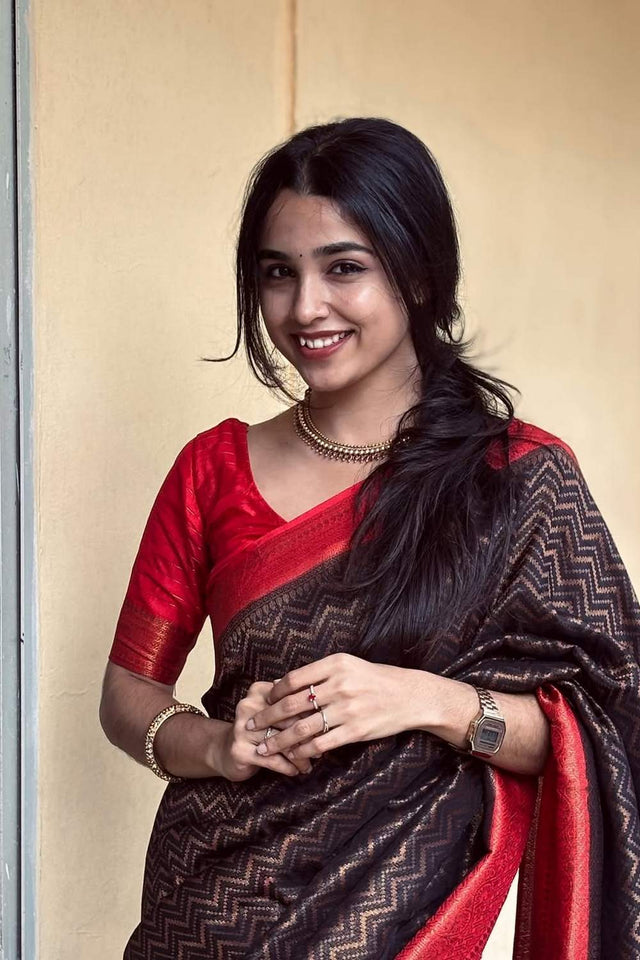 Black Banarasi Woven Soft Silk Saree (50183)
