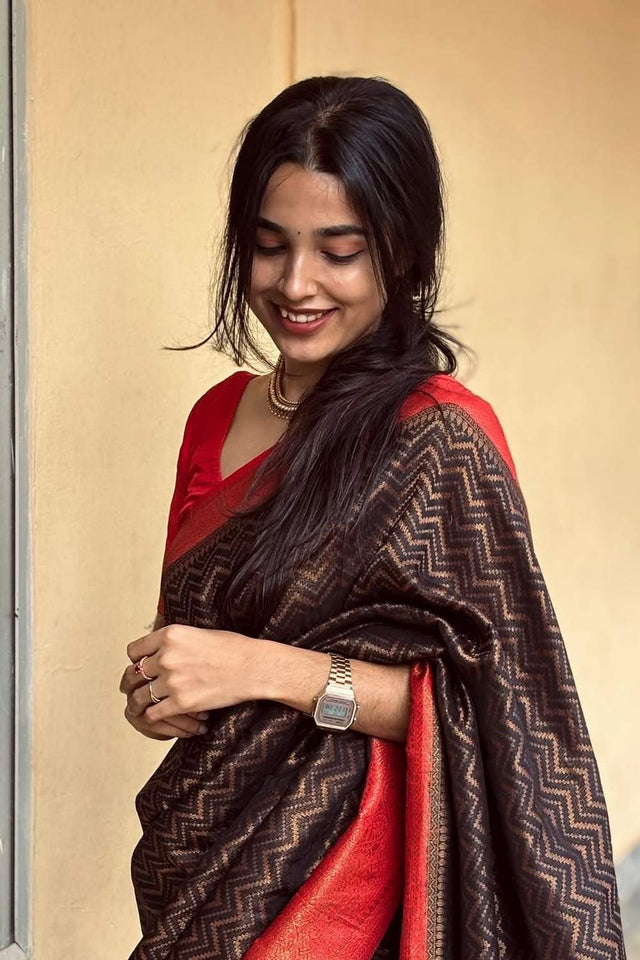 Black Banarasi Woven Soft Silk Saree (50183)