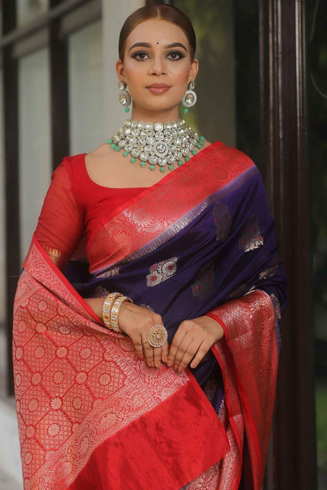 Blue Banarasi Woven Soft Silk Saree (50190)