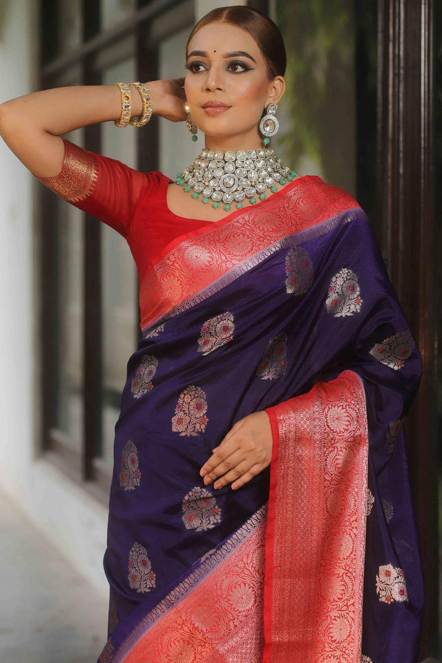 Blue Banarasi Woven Soft Silk Saree (50190)