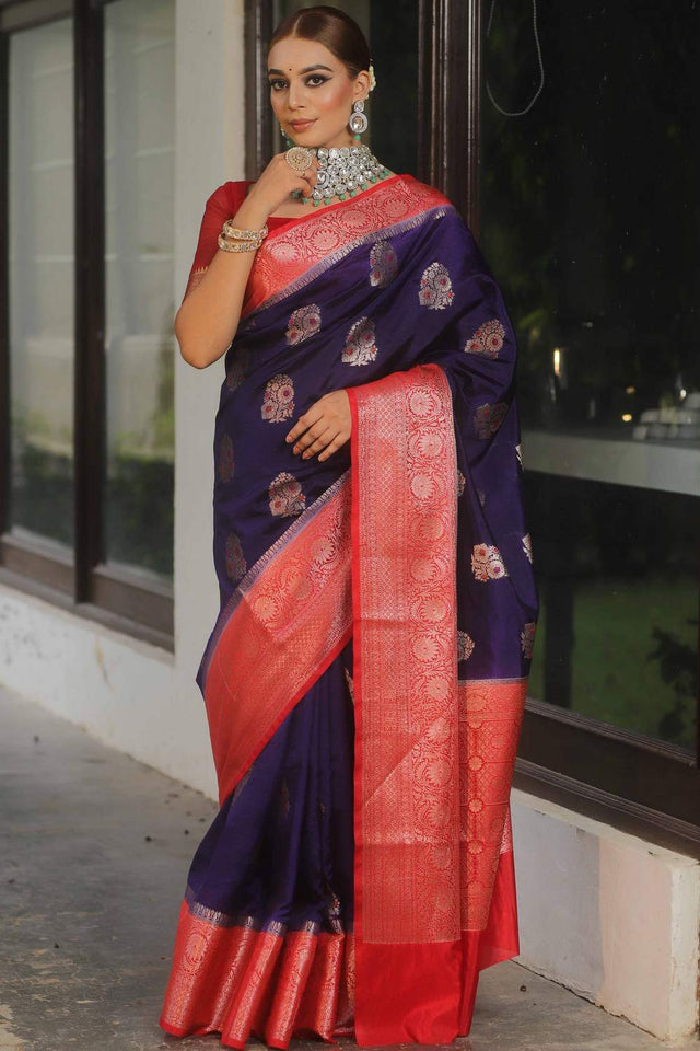 Blue Banarasi Woven Soft Silk Saree (50190)