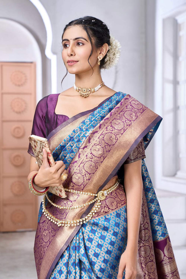 Blue Banarasi Woven Soft Silk Saree (50192)