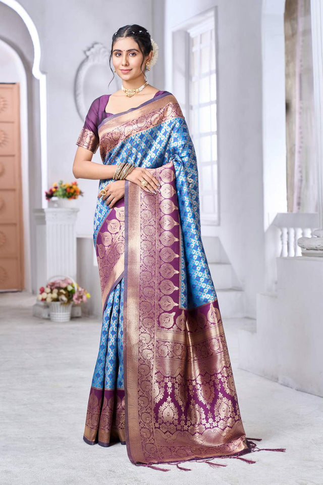 Blue Banarasi Woven Soft Silk Saree (50192)