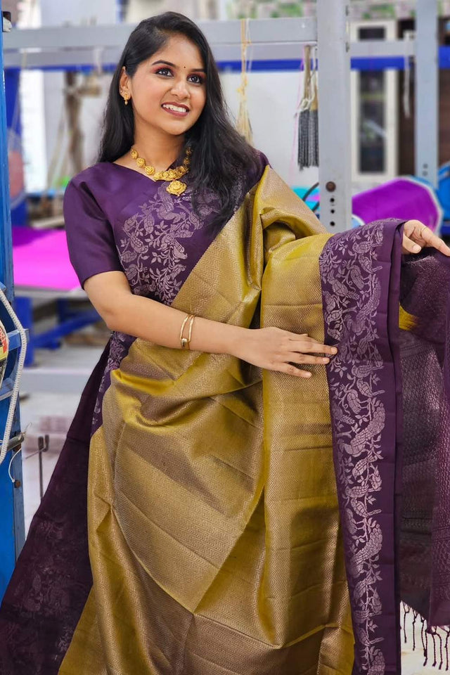 Purple Banarasi Woven Soft Silk Saree (50209)