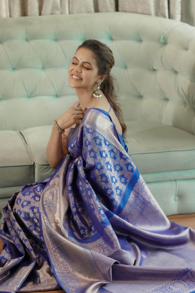 Blue Banarasi Woven Soft Silk Saree (50222)