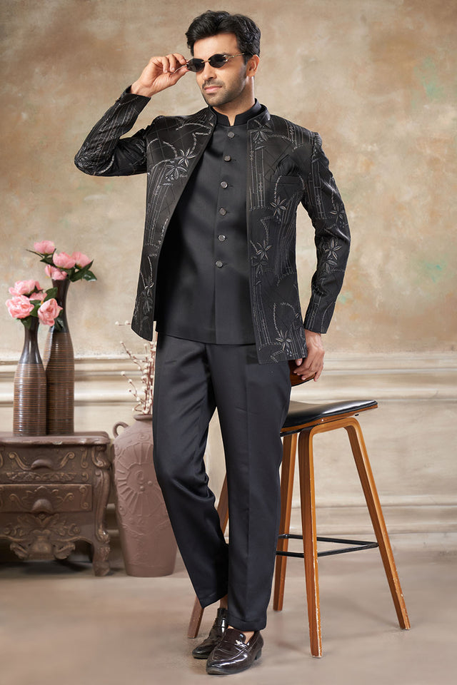 Men's Black Embroidered Silk Jodhpuri Set