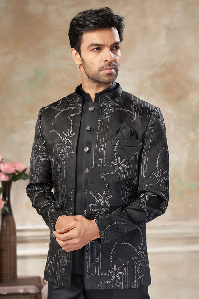 Men's Black Embroidered Silk Jodhpuri Set
