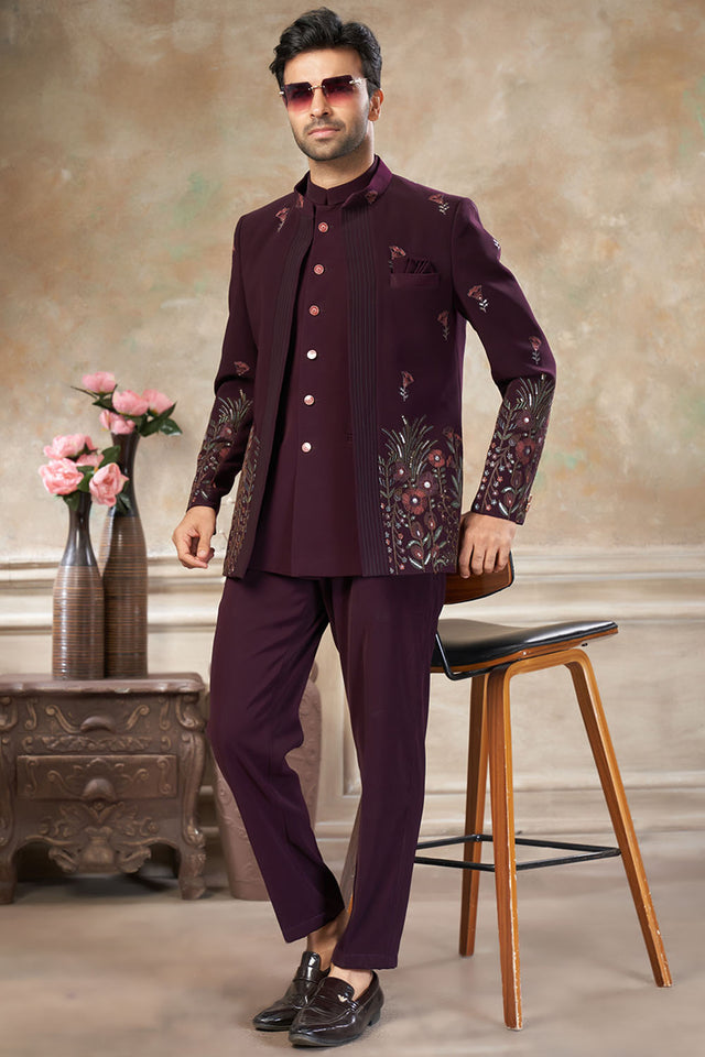 Men's Wine Embroidered Silk Jodhpuri Set