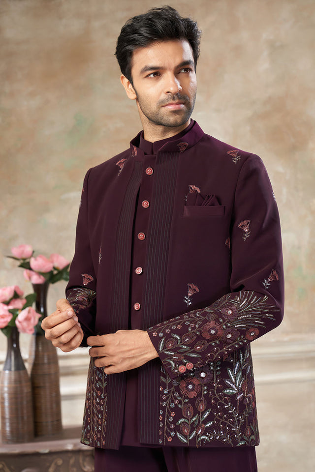 Men's Wine Embroidered Silk Jodhpuri Set