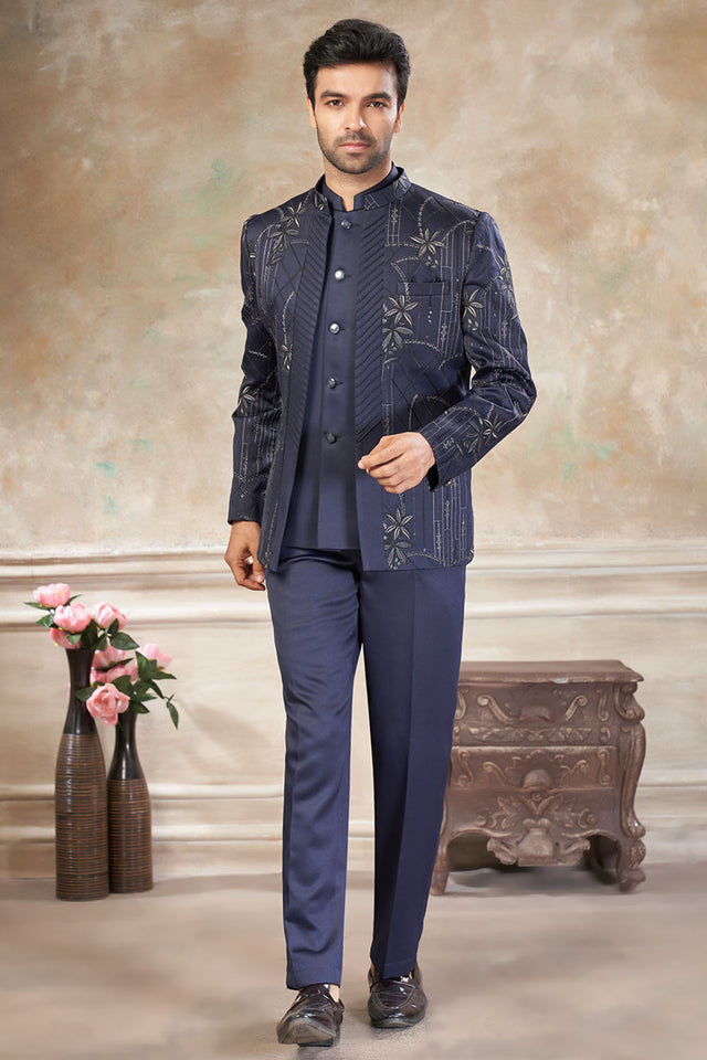 Men's Grey Embroidered Silk Jodhpuri Set