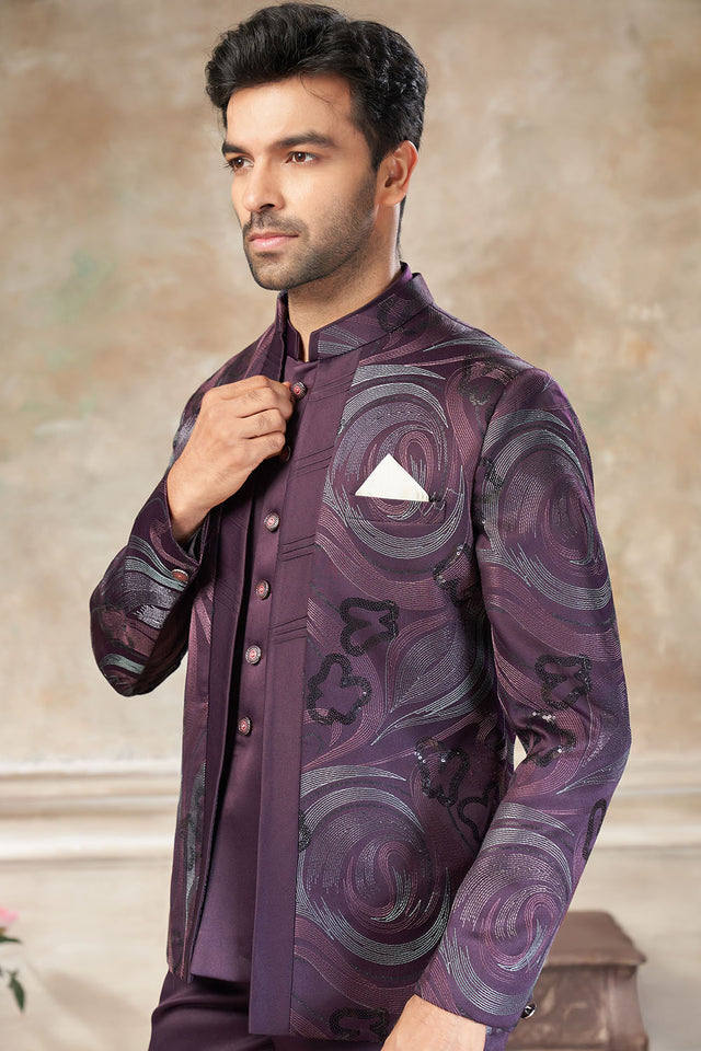 Men's Wine Embroidered Silk Jodhpuri Set