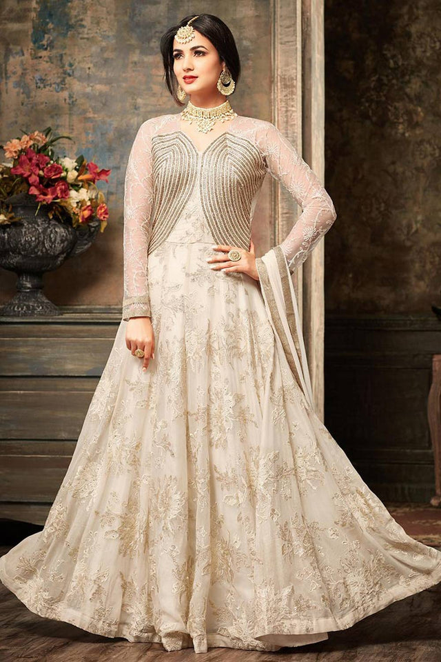 Cream Floral Embroidered Net Gown