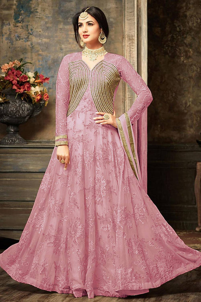 Pink Floral Embroidered Net Gown