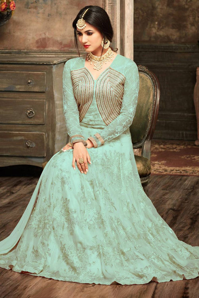 Light Green Floral Embroidered Net Gown