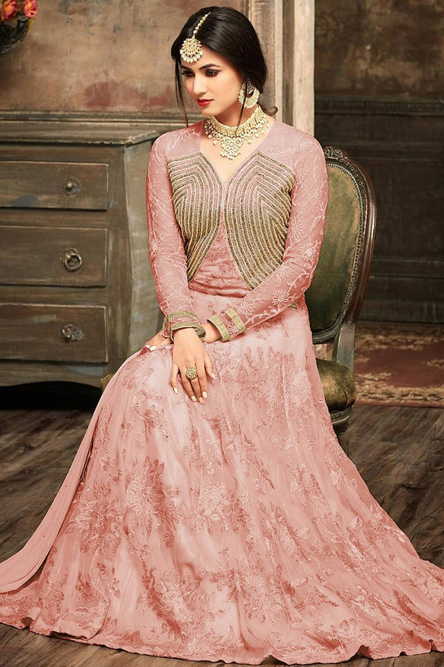 Peach Floral Embroidered Net Gown