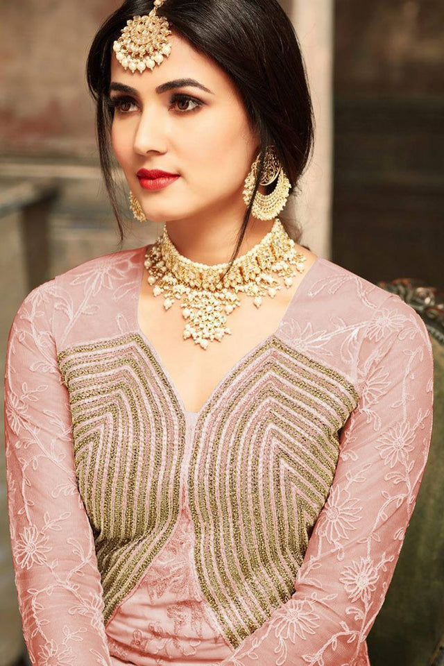 Peach Floral Embroidered Net Gown