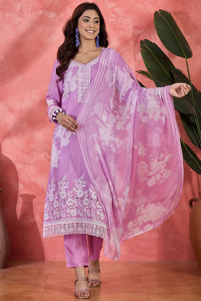 Purple Floral Embroidered Muslin Free Size Stitched Straight Cut Suit (51577)
