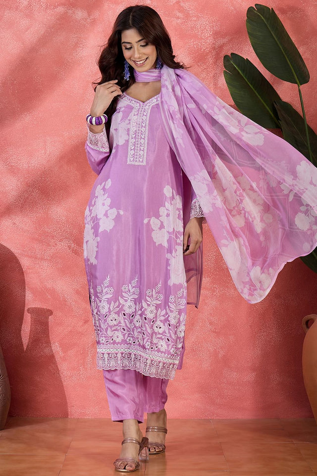 Purple Floral Embroidered Muslin Free Size Stitched Straight Cut Suit (51577)