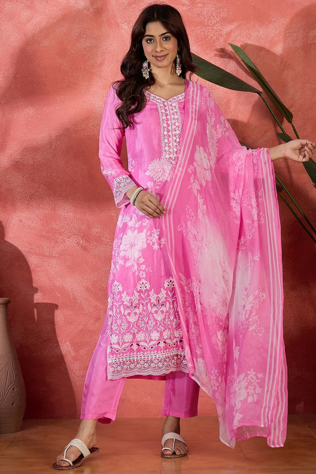 Pink Floral Embroidered Muslin Free Size Stitched Straight Cut Suit (51578)